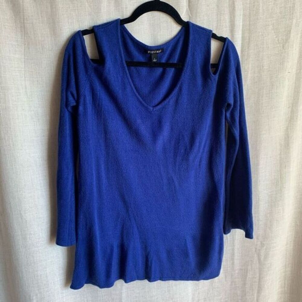 Roz & Ali Womens Knit Sweater Size L Blue V-Neck Cold Shoulder‎ Long Sleeve